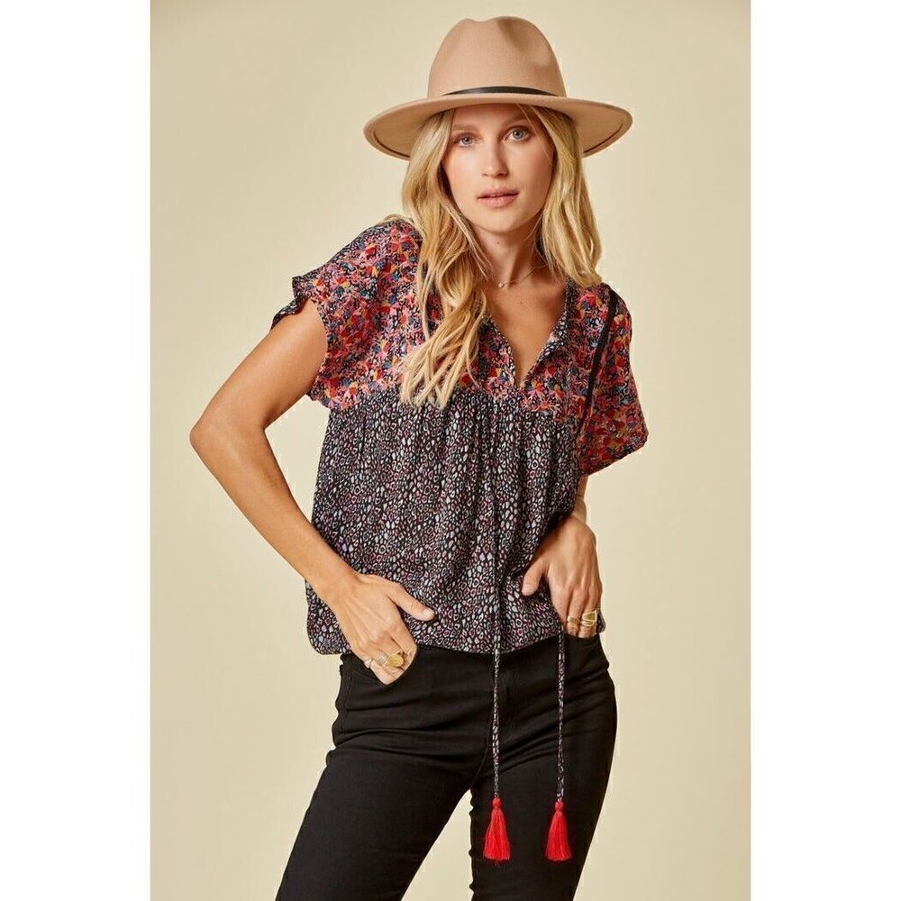 Savanna JANE LEOPARD BABYDOLL EMBROIDERED TOP, BLACK Women's Size Small NWT